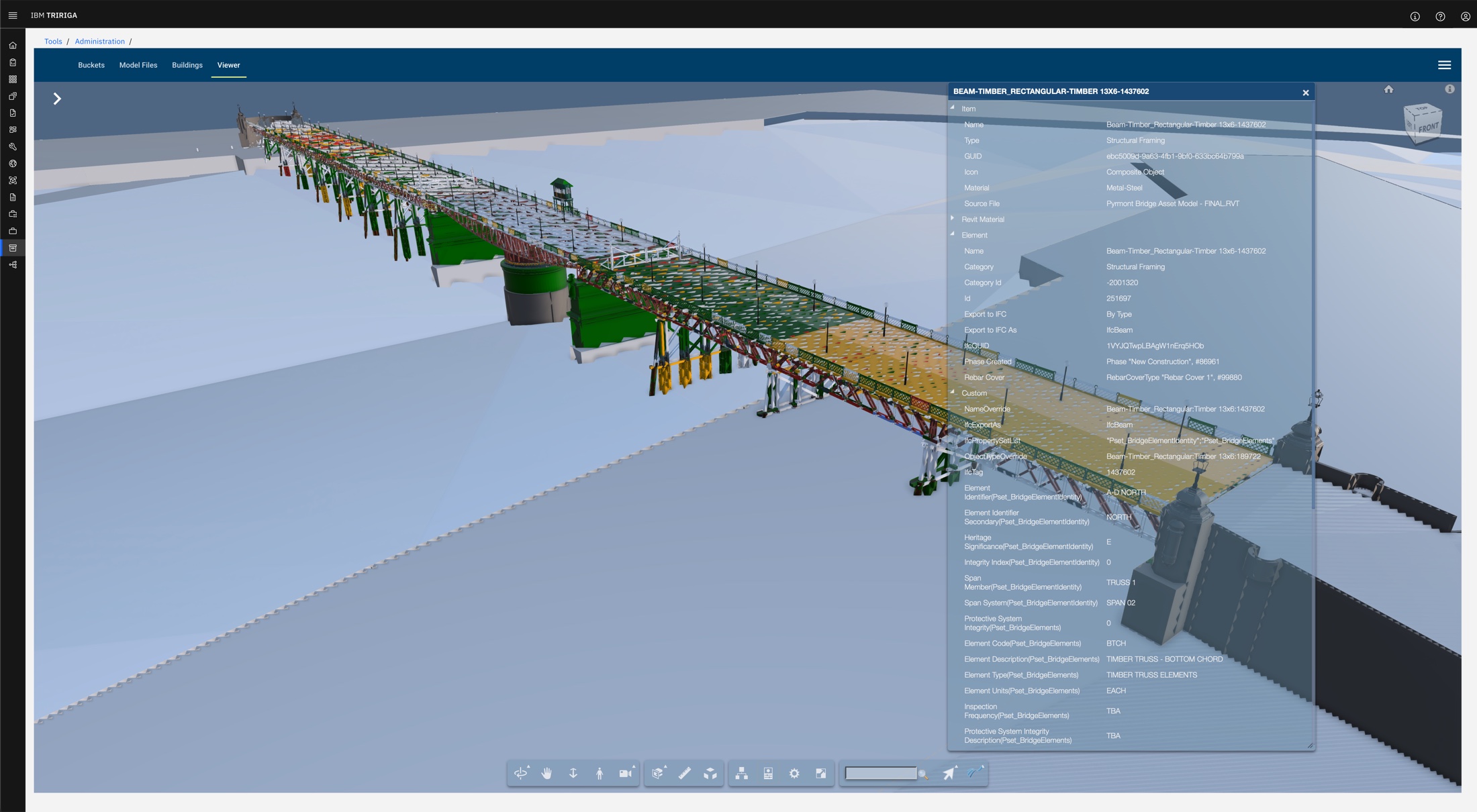 IBM TRIRIGA BIM viewer displaying the Pyrmont Bridge model and structural element attributes